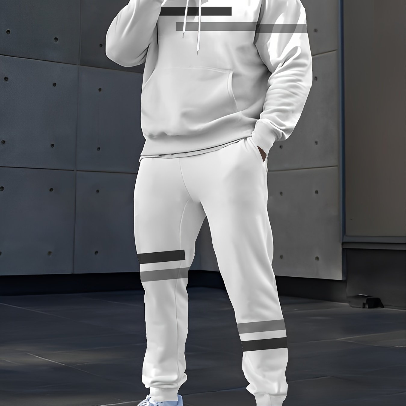 Mens Striped Digital Print Hooded Tracksuit Set For Spring