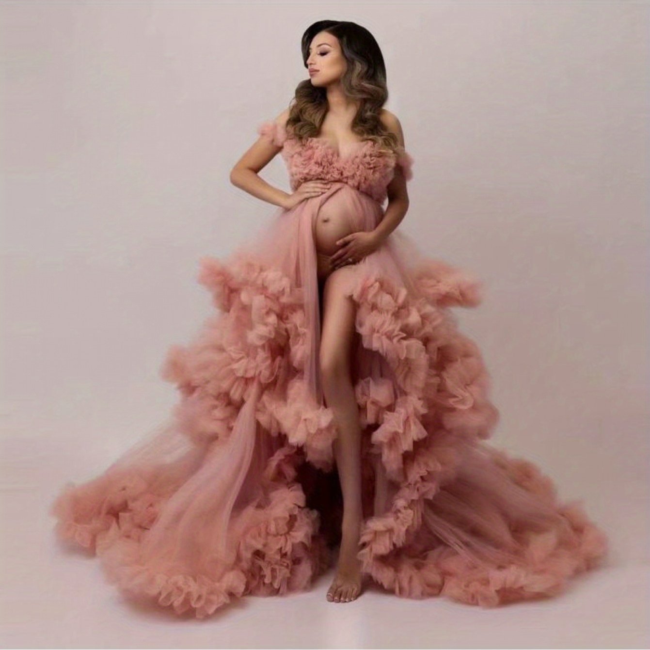Maternity Ruffled Tulle Maxi Dress With V Neck Flowy Skirt