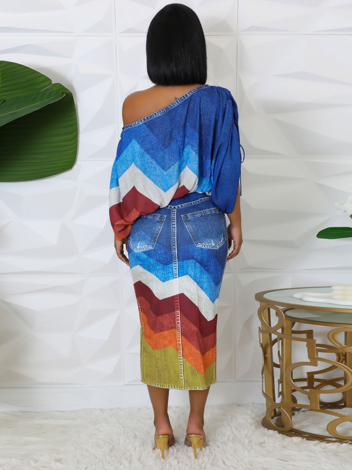 Denim Print Off Shoulder Top And Skirt Set Polyester