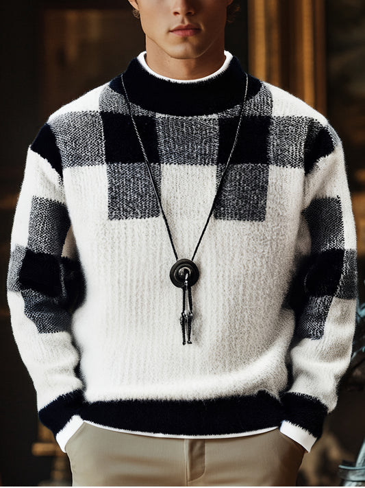 Men's Slim Fit Winter Plaid Sweater Warm Knit Round Neck