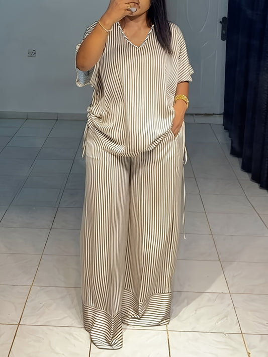LAFOLIE Casual Striped Polyester Two Piece Set With Pockets
