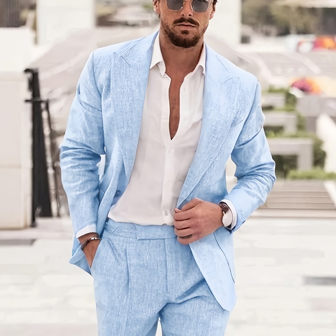 Naples Cotton Linen Men Suit Two Piece Slim Fit Tuxedo Set