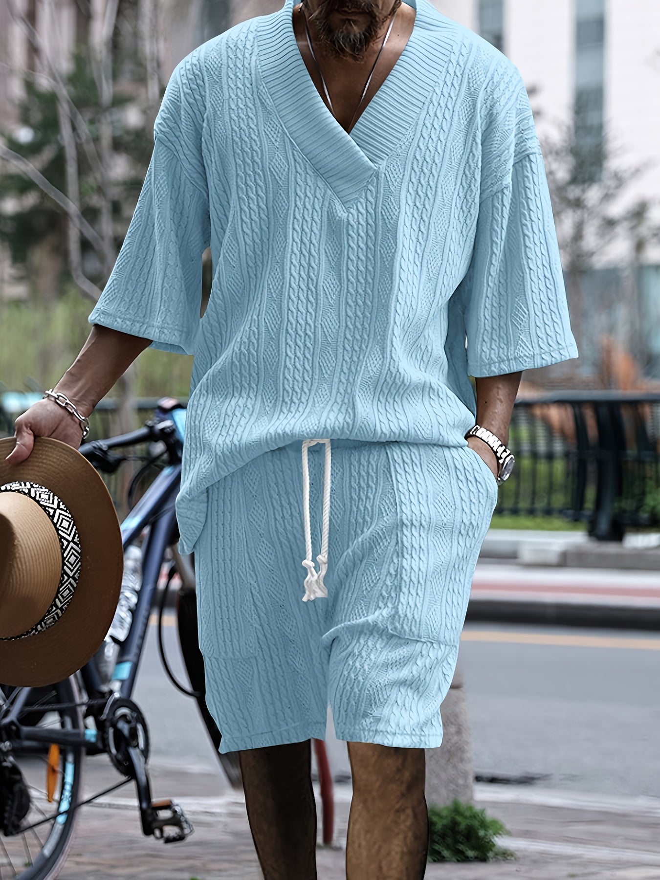 Mens Casual V Neck Knit Sweater And Shorts Set For Summer