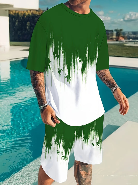 2 Piece Men's Casual T Shirt And Shorts Set Print Polyester