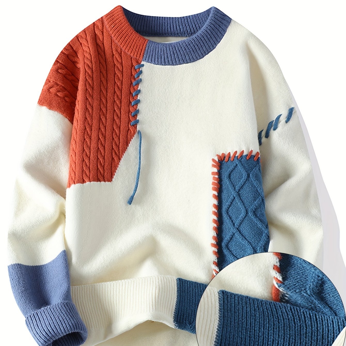 SENMEIGUO Men Color Block Long Sleeve Knit Sweater Casual