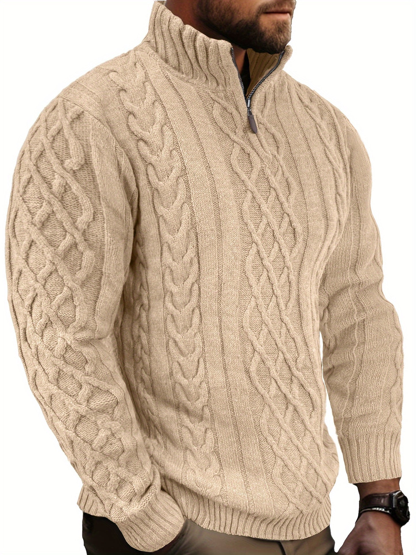 COMDECEVIS Mens Quarter Zip Cable Knit Mock Neck Sweater