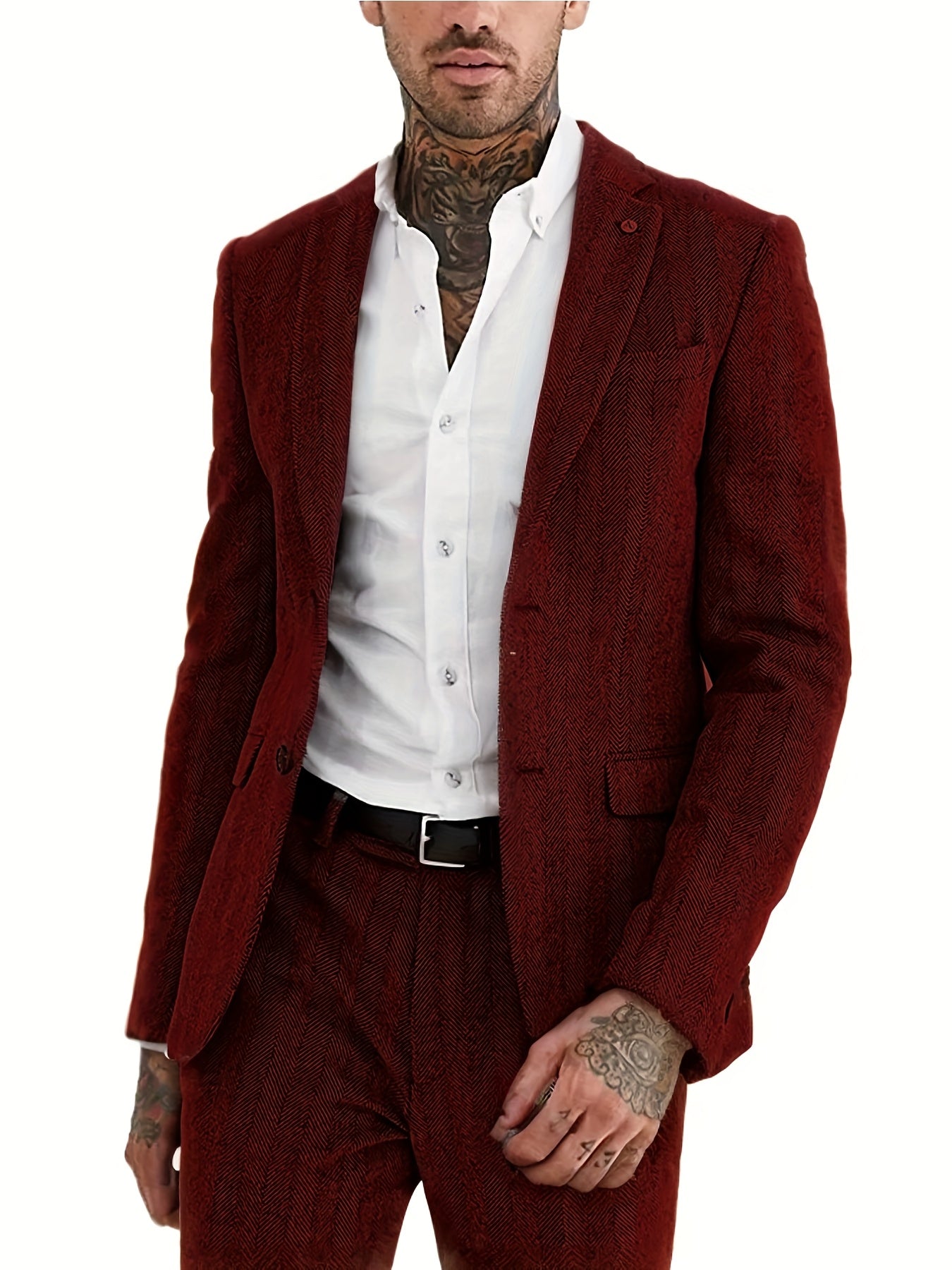 Men's Wool Blend Tweed Suit Herringbone Formal Wedding Event