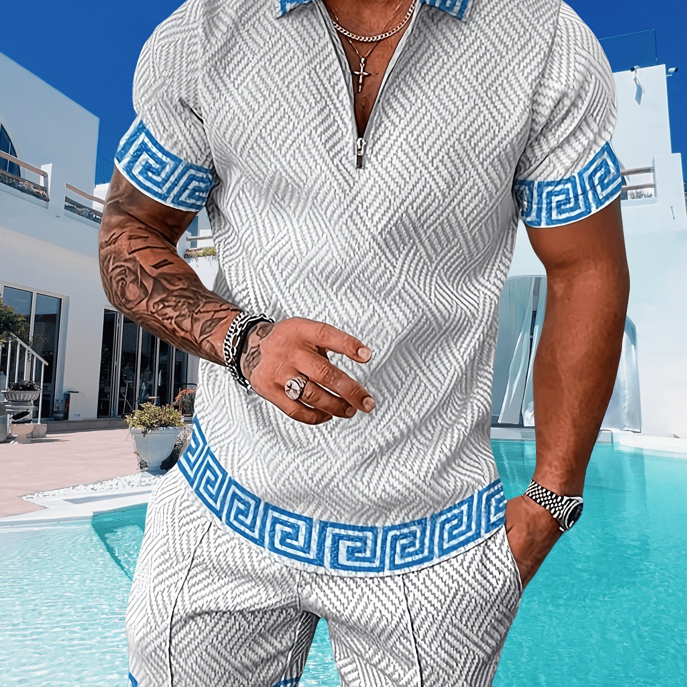Men's Casual T Shirt Shorts Set Geometric Polyester Fabric