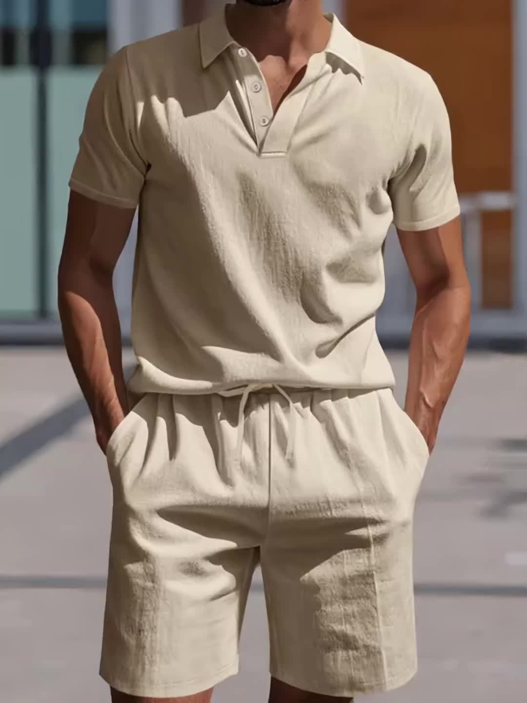 Casual Linen Mens Two Piece Set Polo Shirt And Shorts