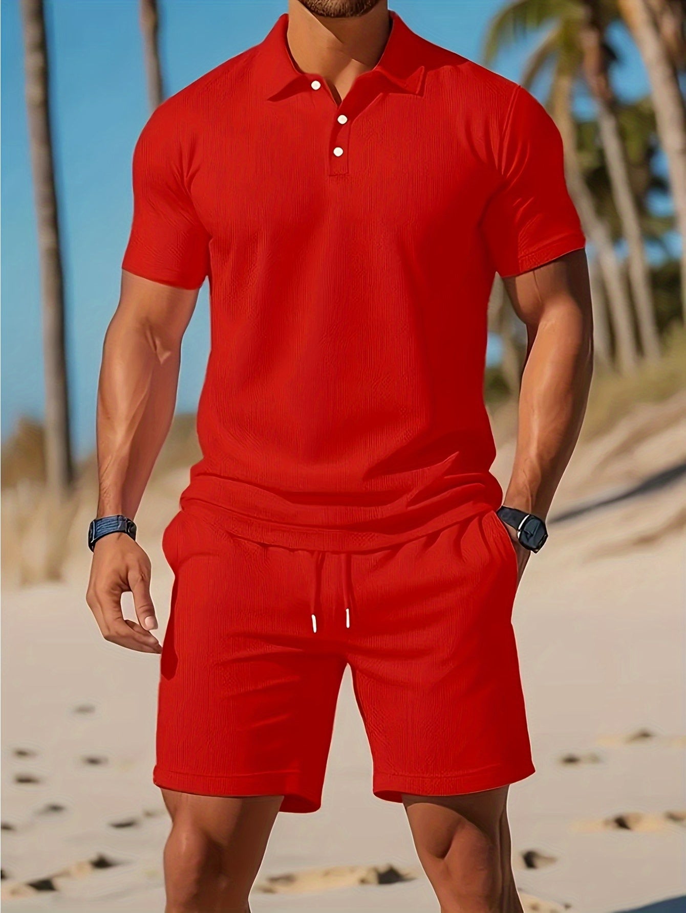Mens Summer Casual 2pc Short Sleeve Shirt And Shorts Set
