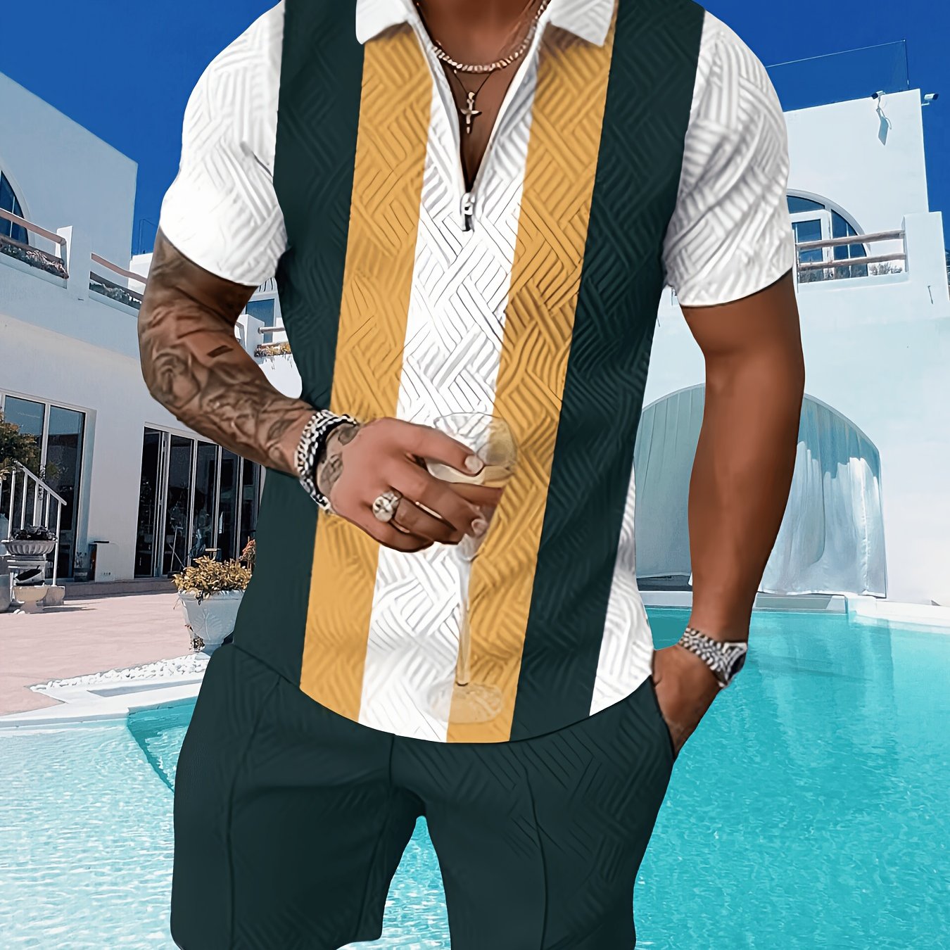 Men's Casual T Shirt Shorts Set Geometric Polyester Fabric