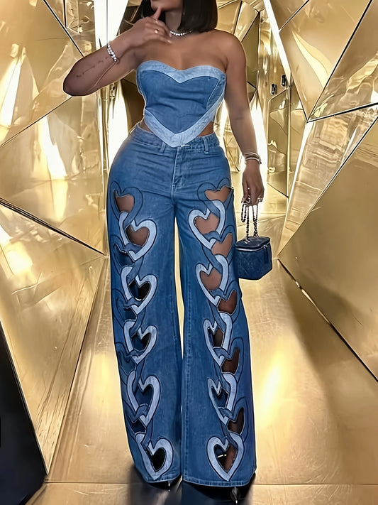 Women High Waisted Wide Leg Jeans Heart Print Cutout