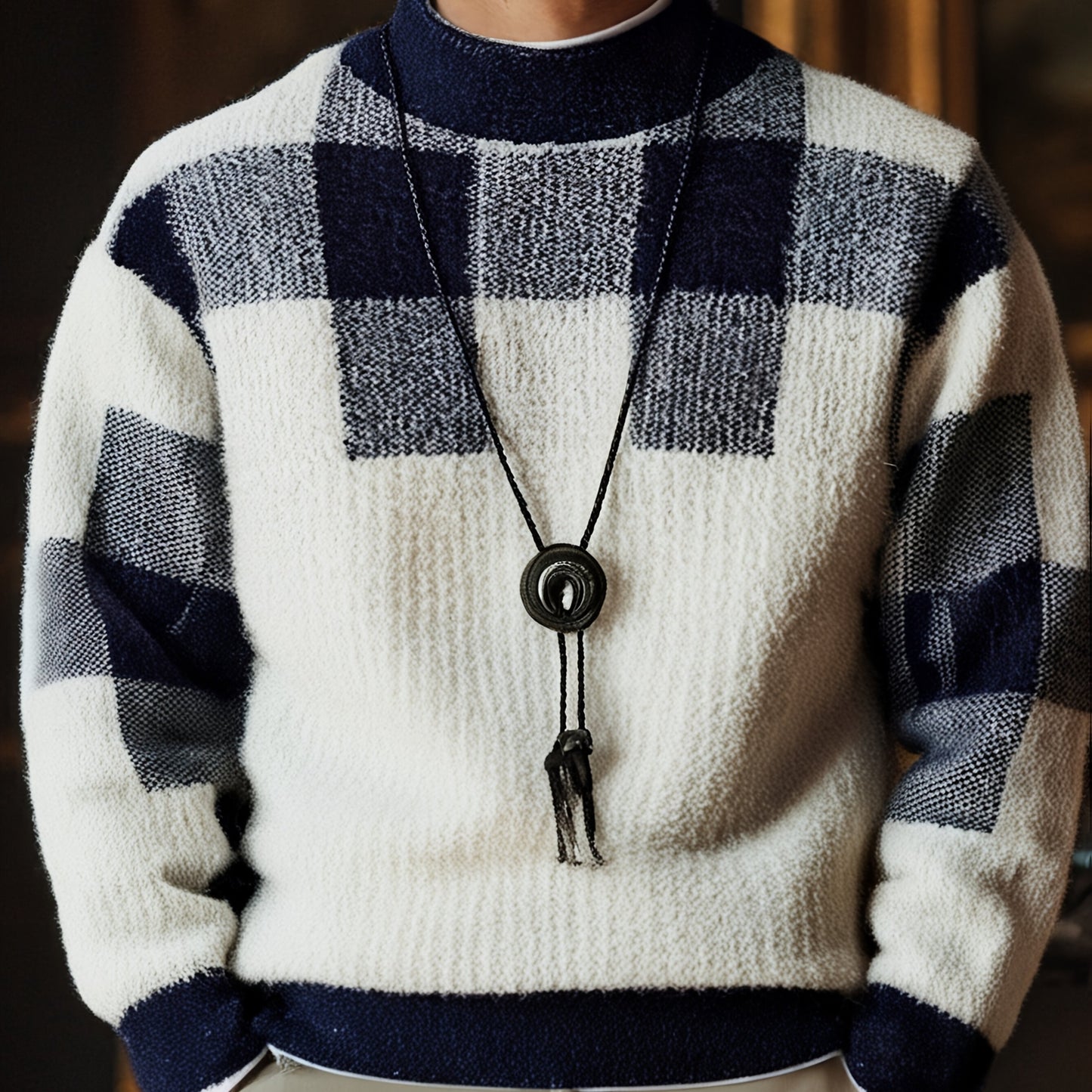 Men's Slim Fit Winter Plaid Sweater Warm Knit Round Neck