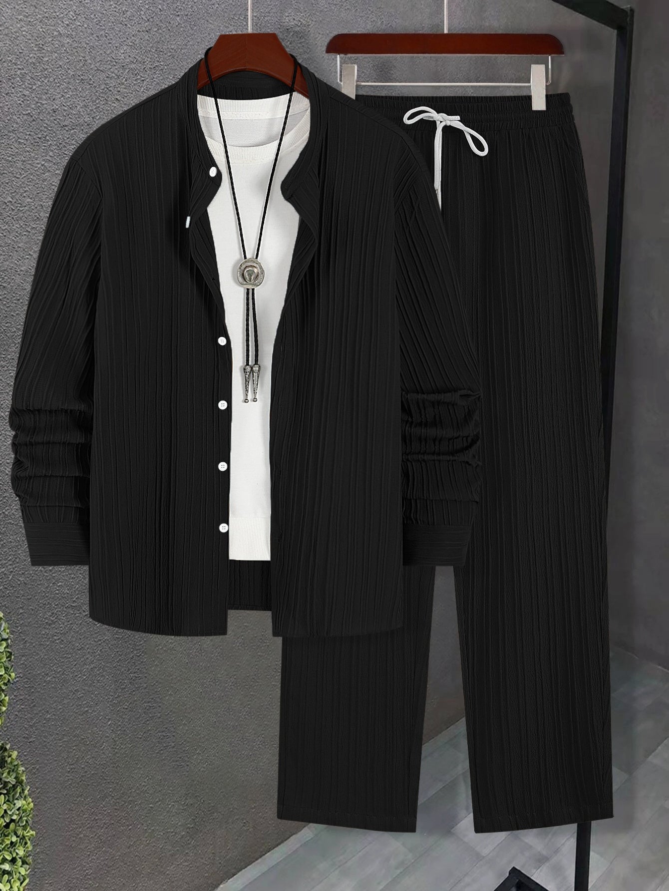 Men Autumn Winter Slim Fit Suit With Striped Lapel Shirt