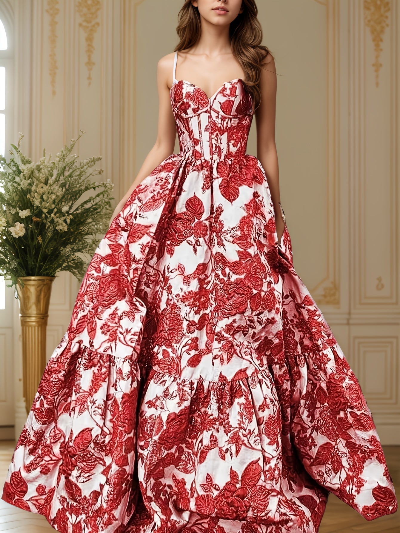 Floral Jacquard Satin Prom Dress Strapless Corset Back