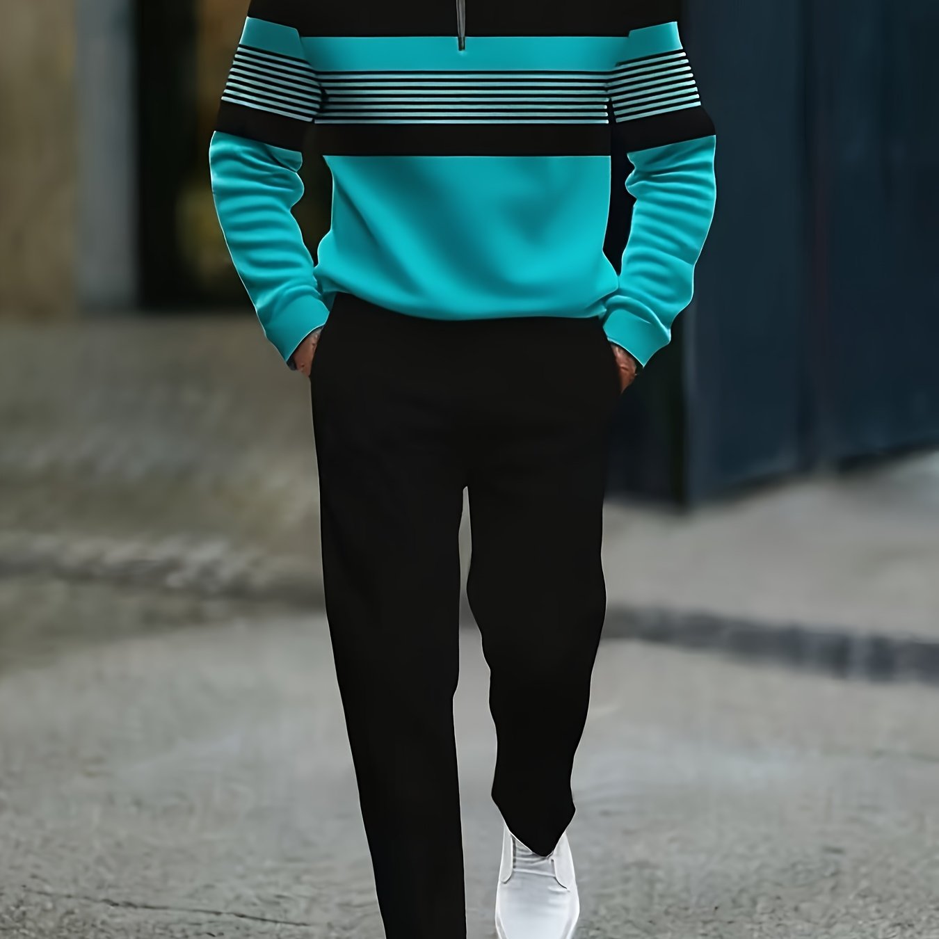 Mens Casual Striped Two Piece Set With Zip Front Jacket