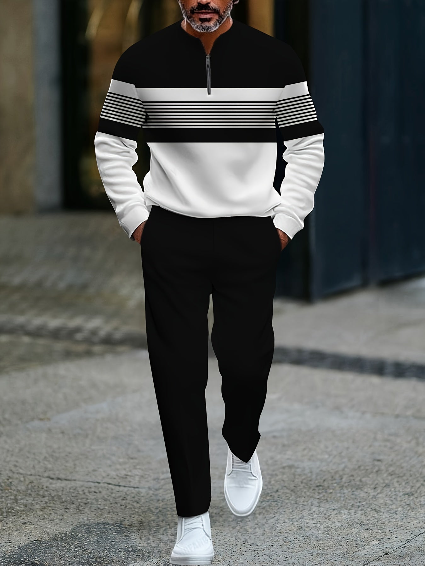 Mens Casual Striped Two Piece Set With Zip Front Jacket