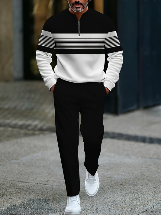 Mens Casual Striped Two Piece Set With Zip Front Jacket