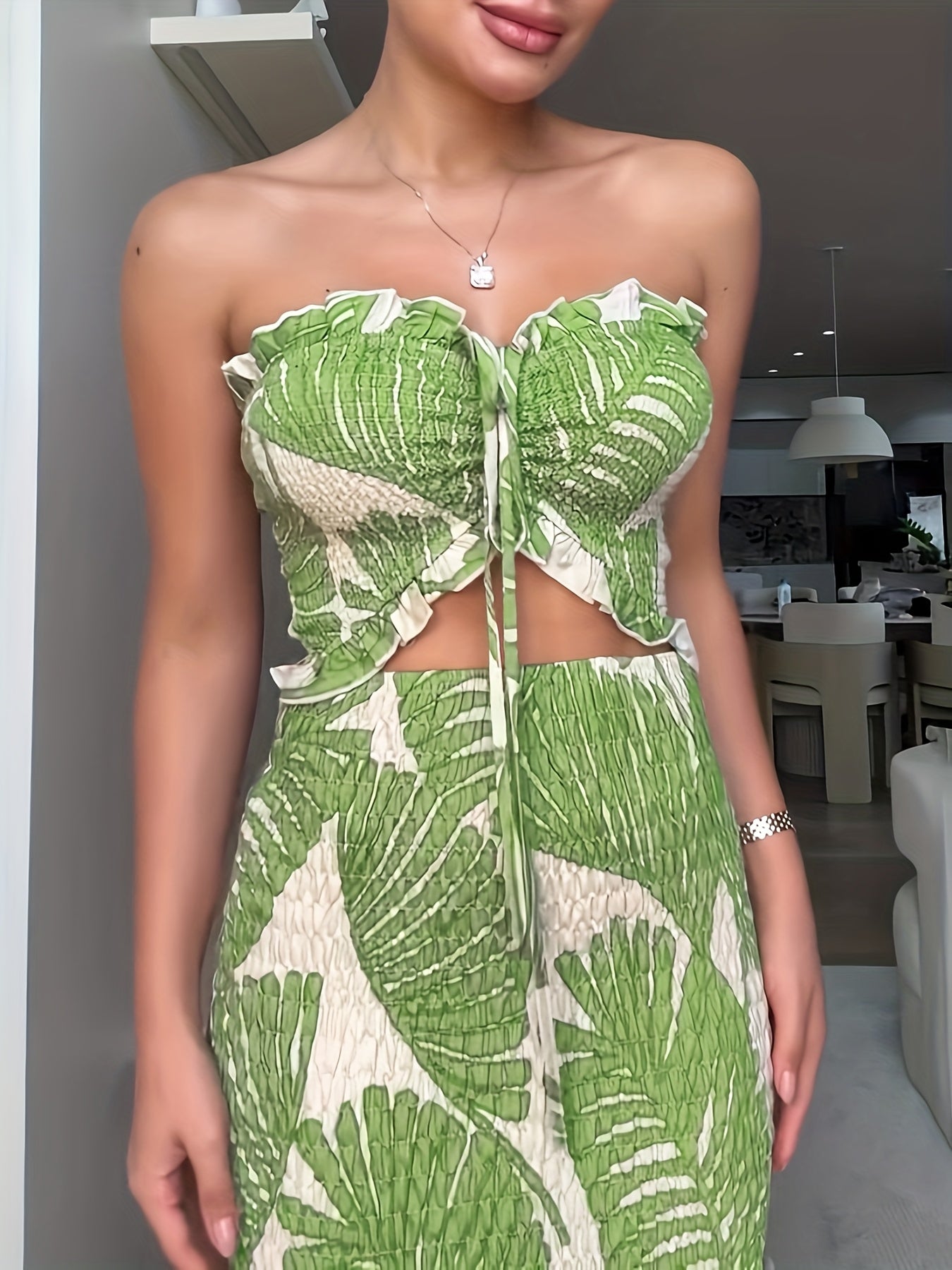 Tropical Print Bandeau Dress With Ruched Shirred Frill Hem