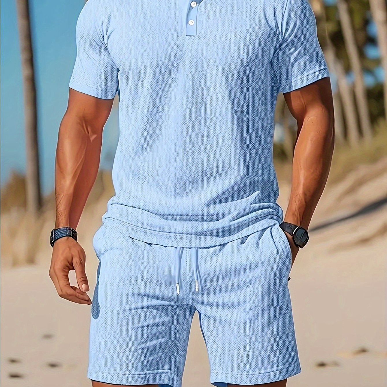 Mens Summer Casual 2pc Short Sleeve Shirt And Shorts Set