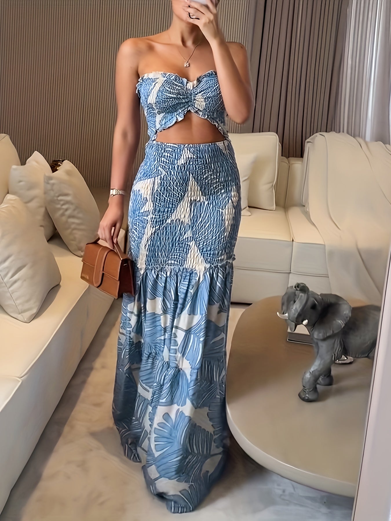 Tropical Print Bandeau Dress With Ruched Shirred Frill Hem