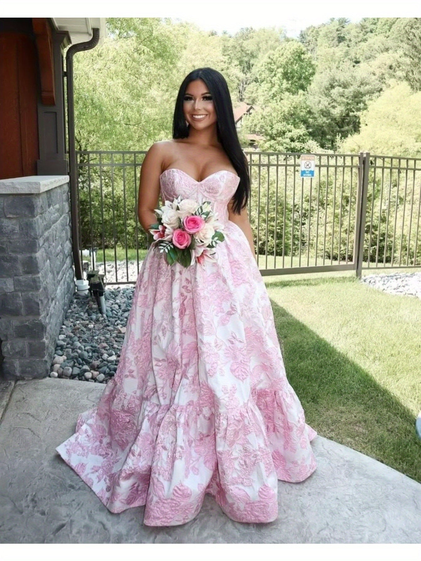 Floral Jacquard Satin Prom Dress Strapless Corset Back