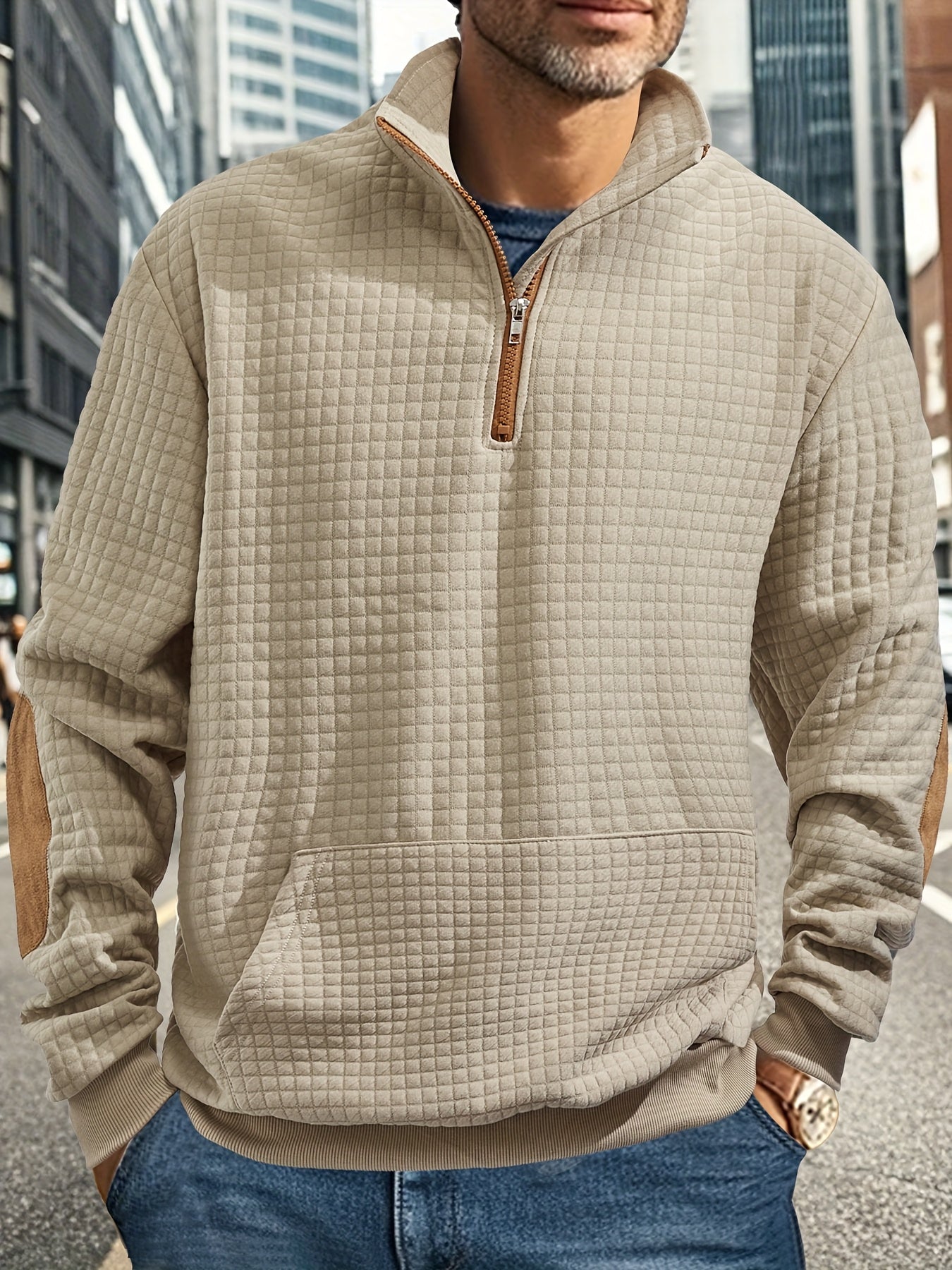 Men Casual Versatile Half Zip Quilted Sweatshirt Cozy