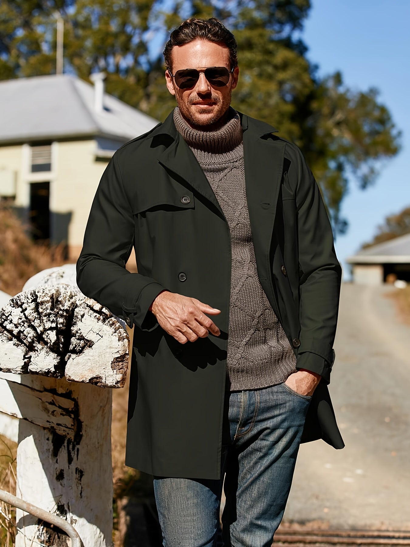Mens Slim Fit Double Breasted Trench Coat Belted Waist