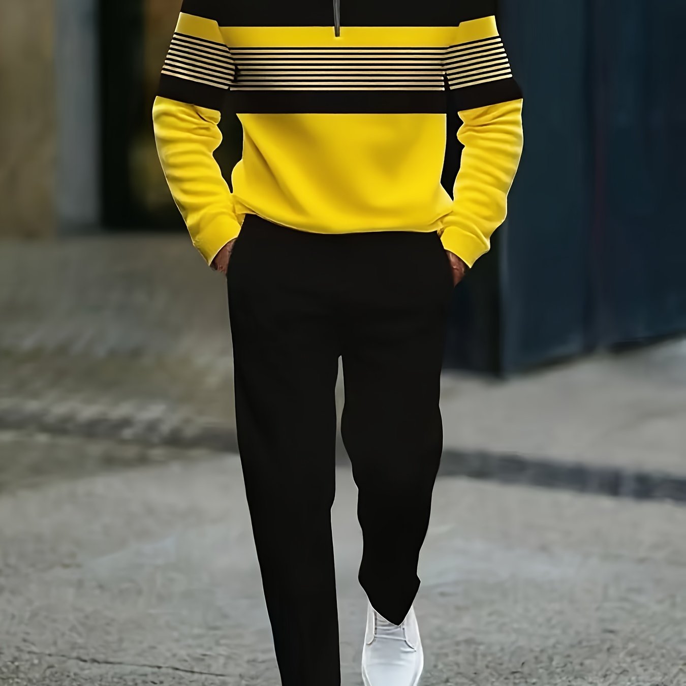 Mens Casual Striped Two Piece Set With Zip Front Jacket