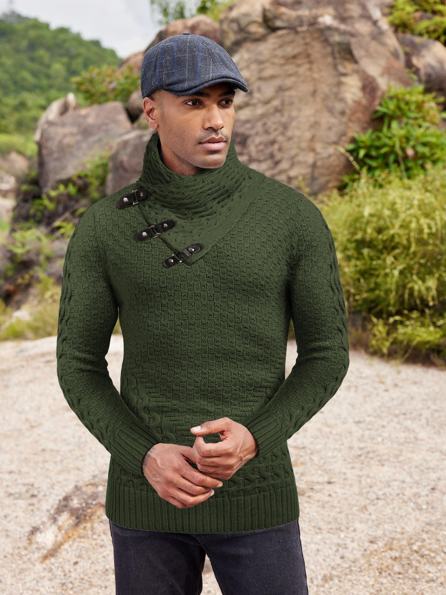 ELESOL Mens Knitted Turtleneck Sweater Slim Fit Pullover