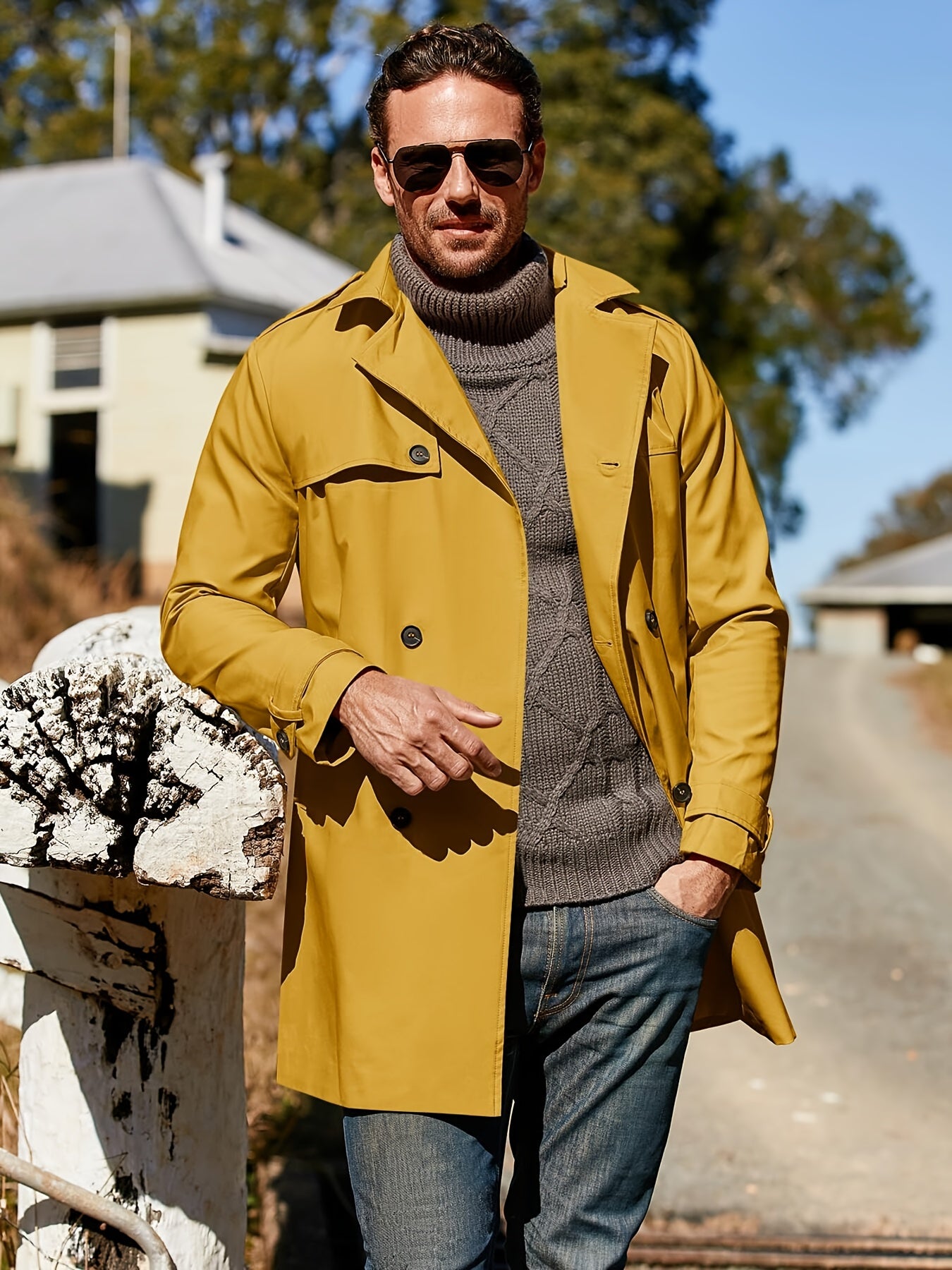 Mens Slim Fit Double Breasted Trench Coat Belted Waist