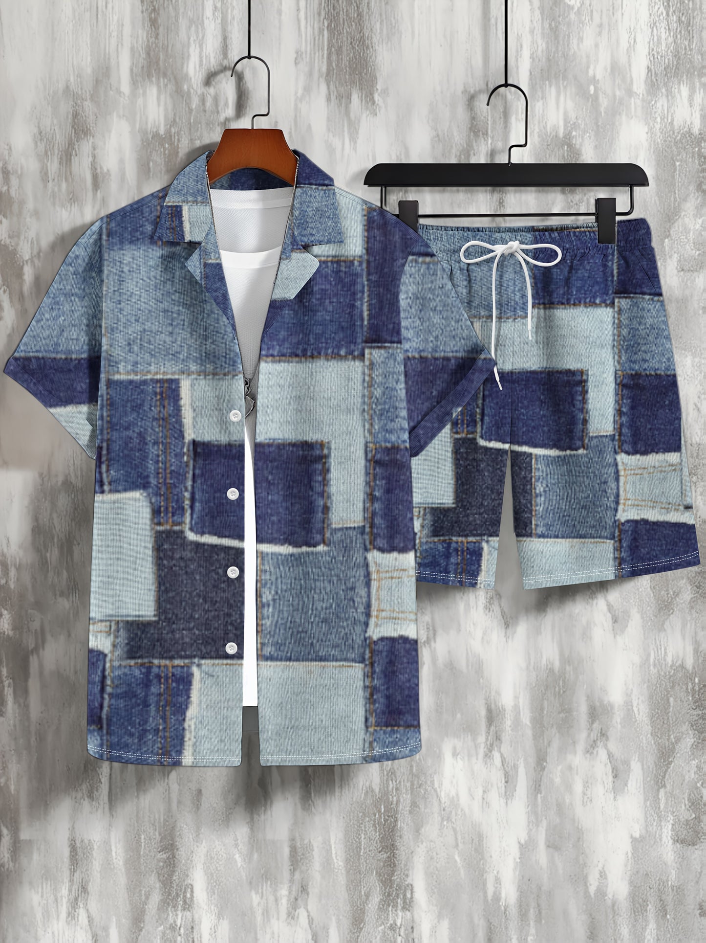 Casual Summer Shirt And Shorts Set For Men Faux Denim