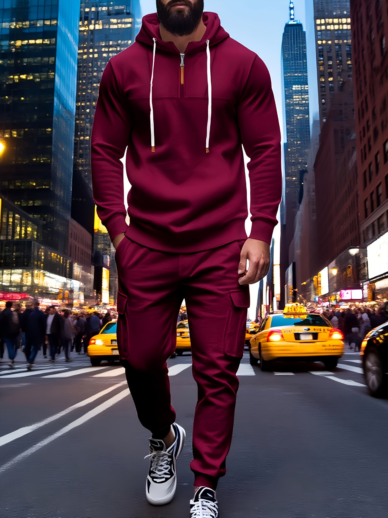 Mens Hooded Half Zip Sweatshirt Set With Cargo Joggers