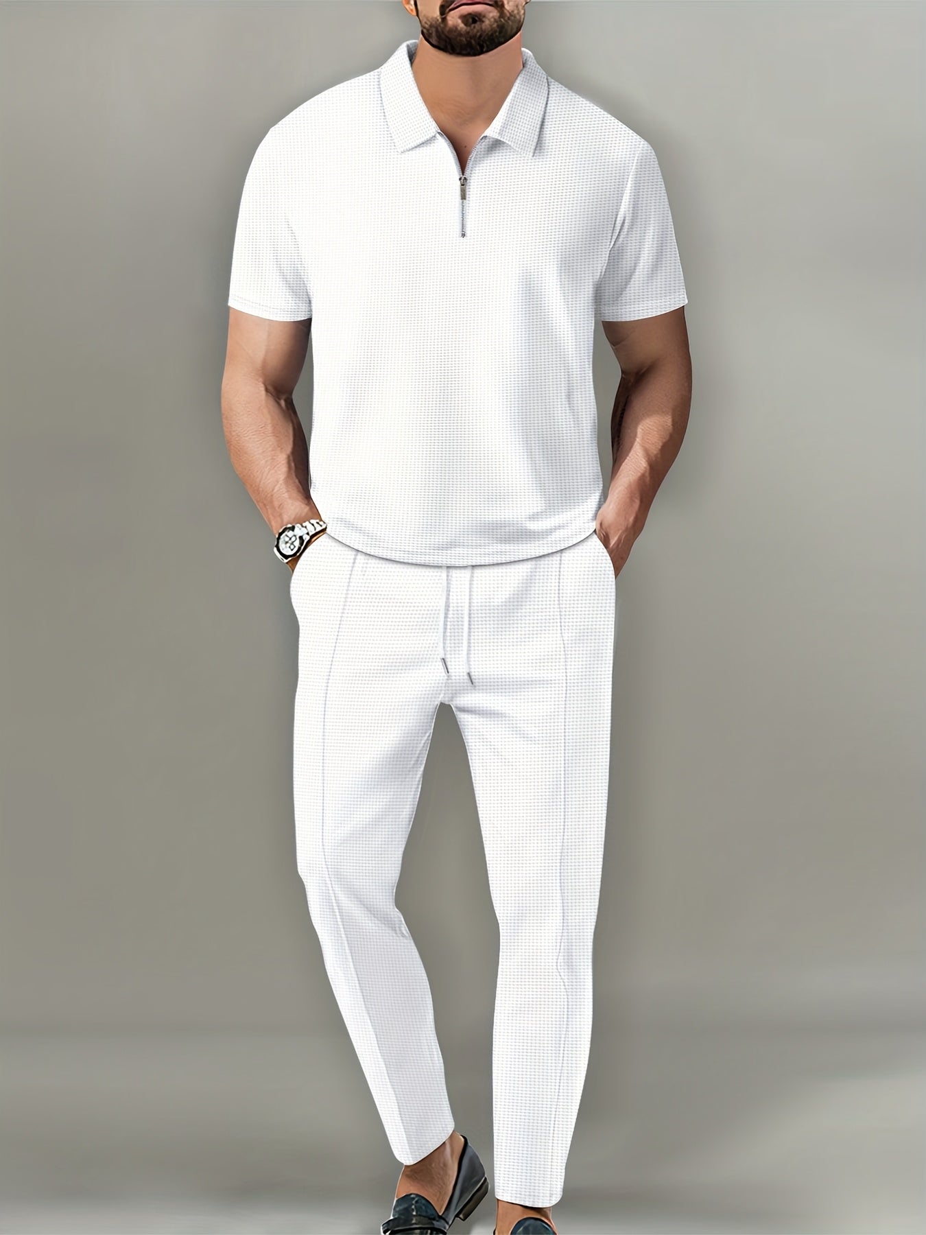 Mens Waffle Collar Short Sleeve Zipper Top Pants Set