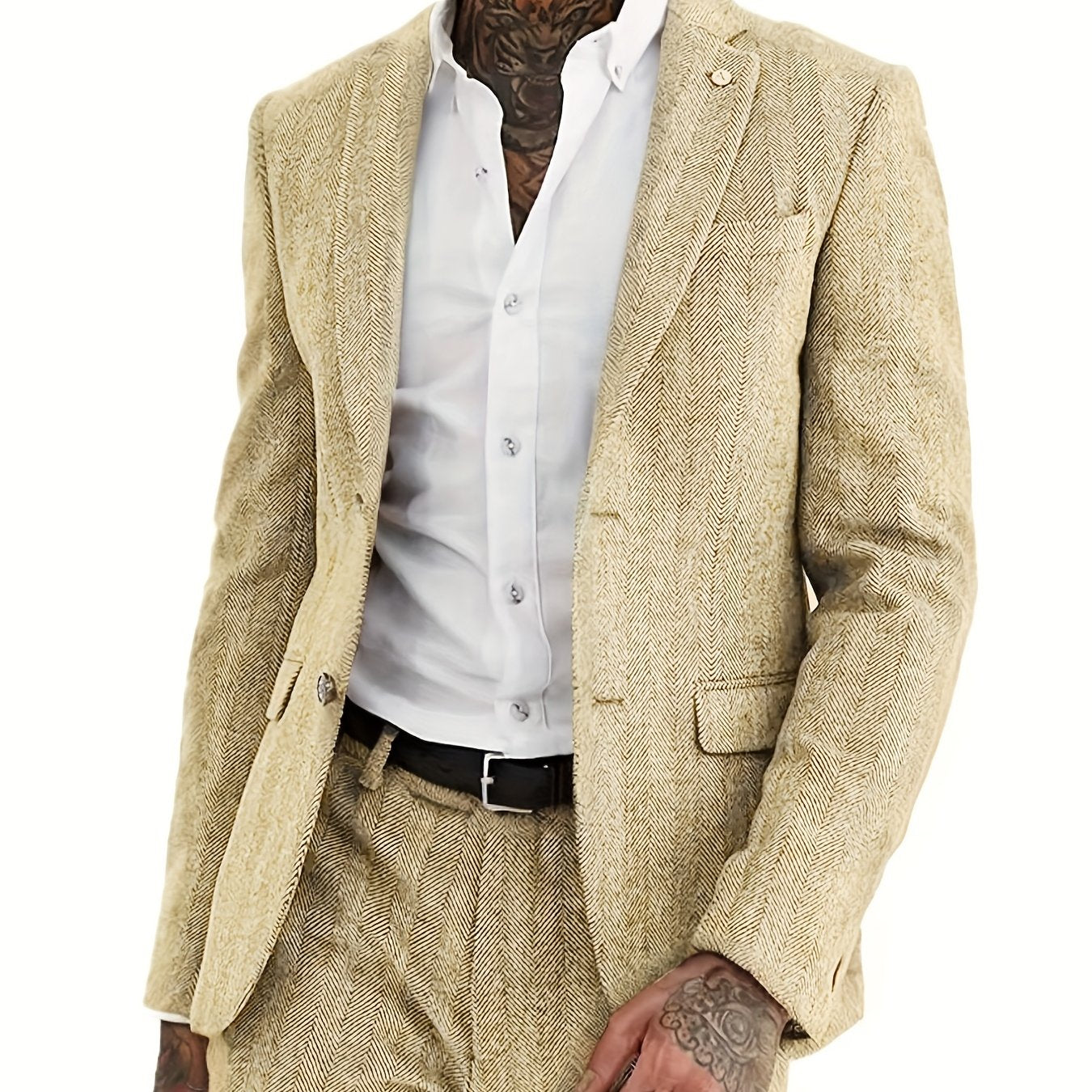 Men's Wool Blend Tweed Suit Herringbone Formal Wedding Event