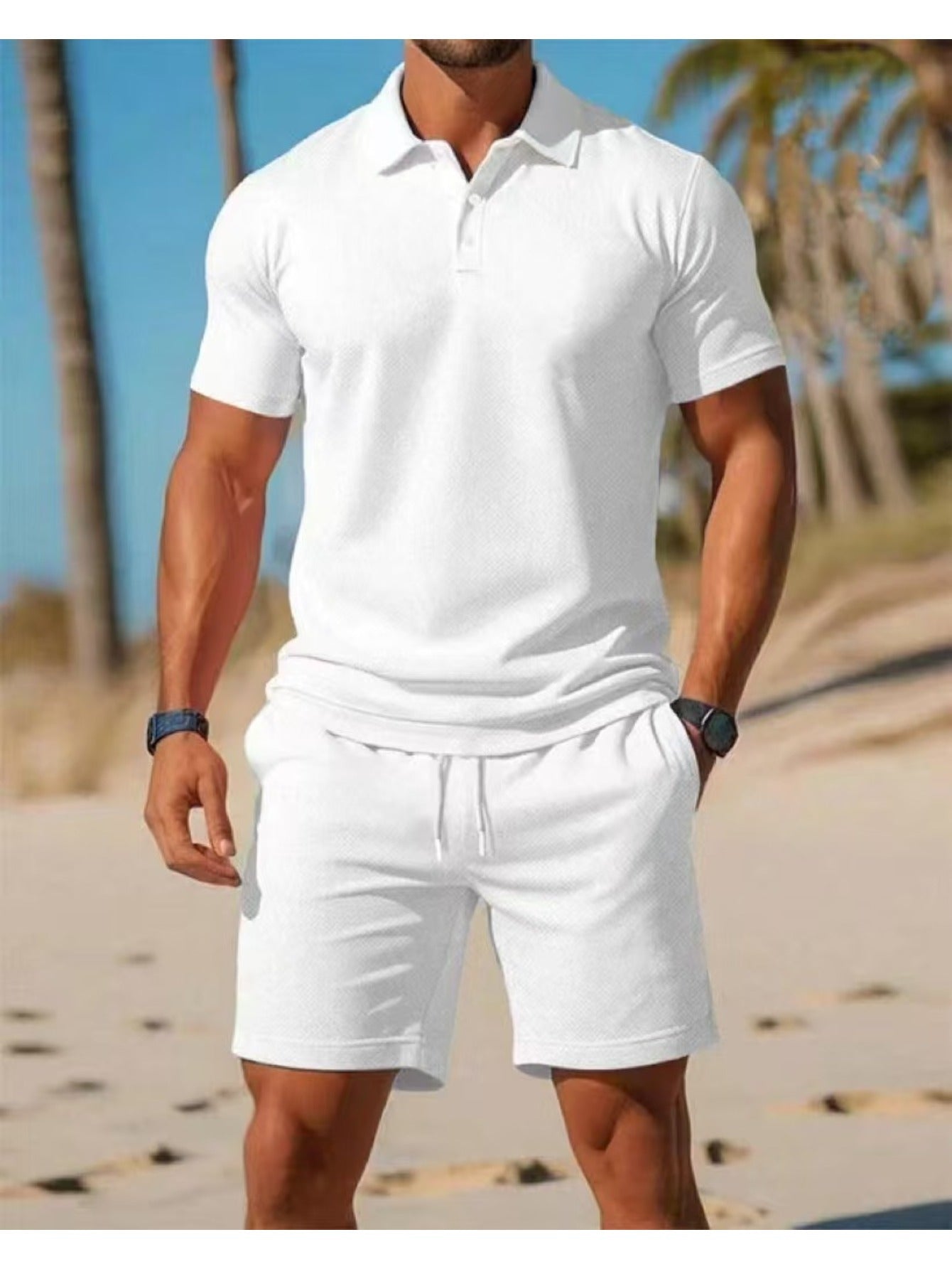 Mens Summer Casual 2pc Short Sleeve Shirt And Shorts Set