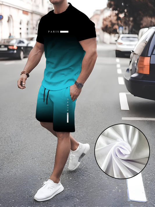 Mens Inspired Summer Two Piece Set Gradient Blue Tee Shorts