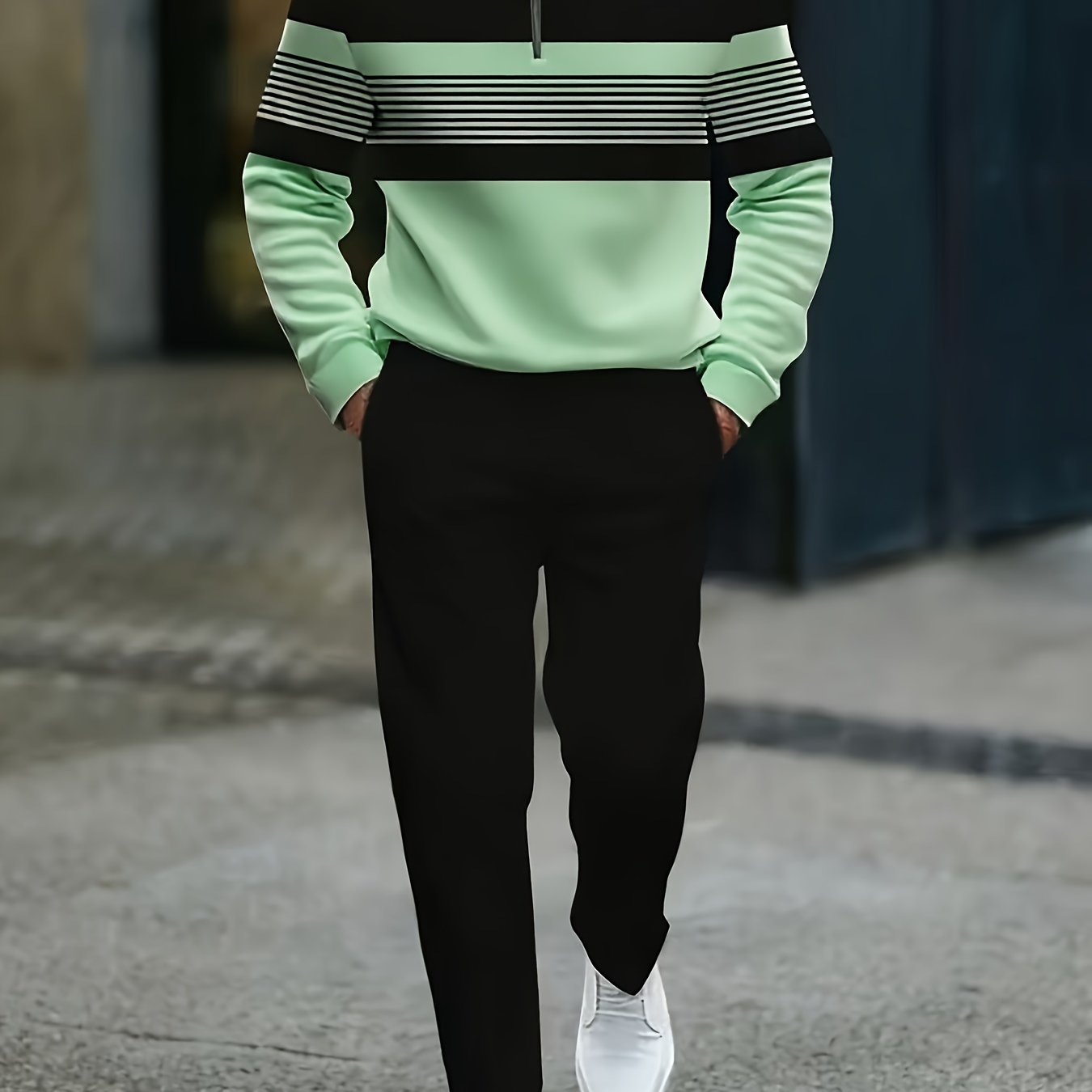 Mens Casual Striped Two Piece Set With Zip Front Jacket