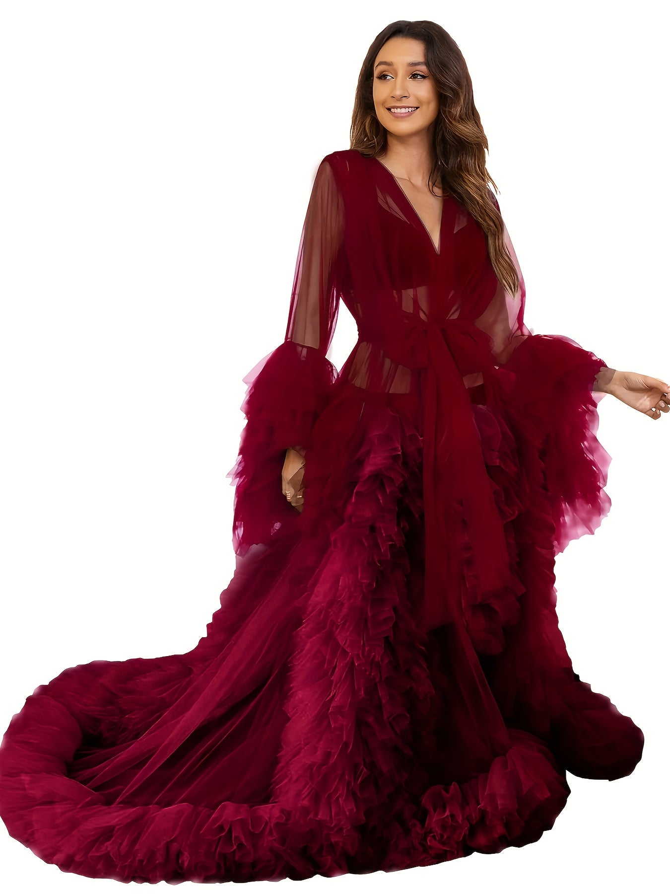 Elegant Puffy Gauze Gown Women Maternity Kimono Dress Sheer