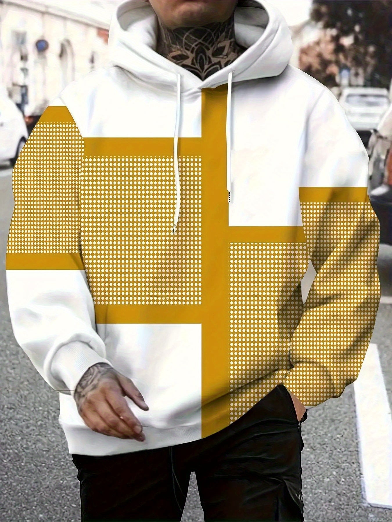 Mens Heavyweight Hoodie Geometric Pattern Sweatshirt