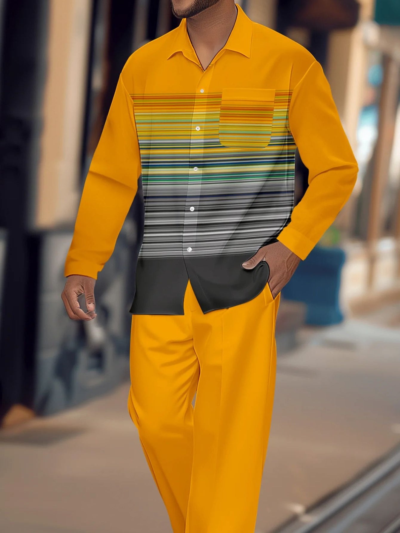 Mens Geometric Block Shirt And Casual Trousers Set