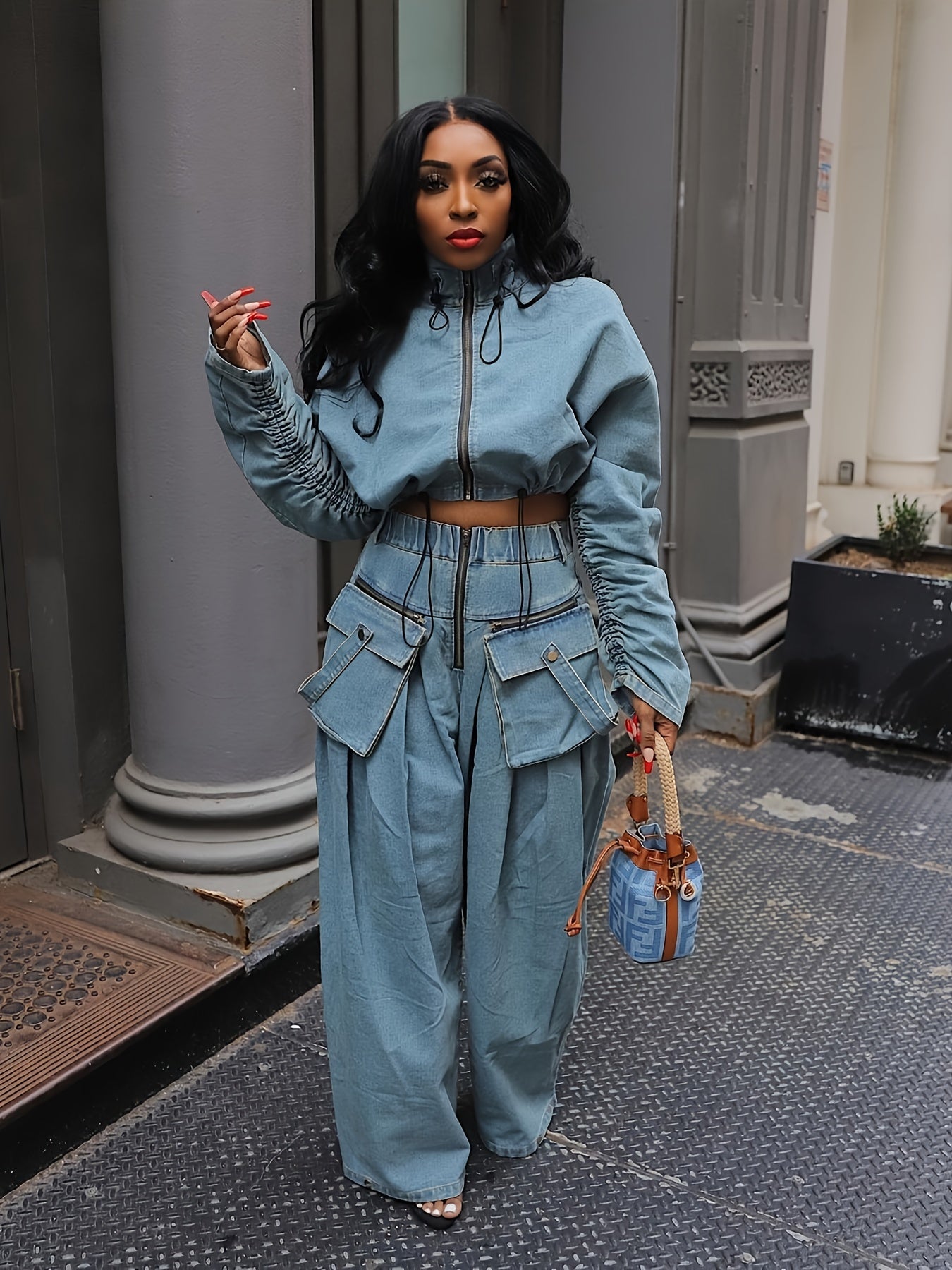 Denim 2-Piece Zip-Up Long Sleeve Crop Top Wide-Leg Pants