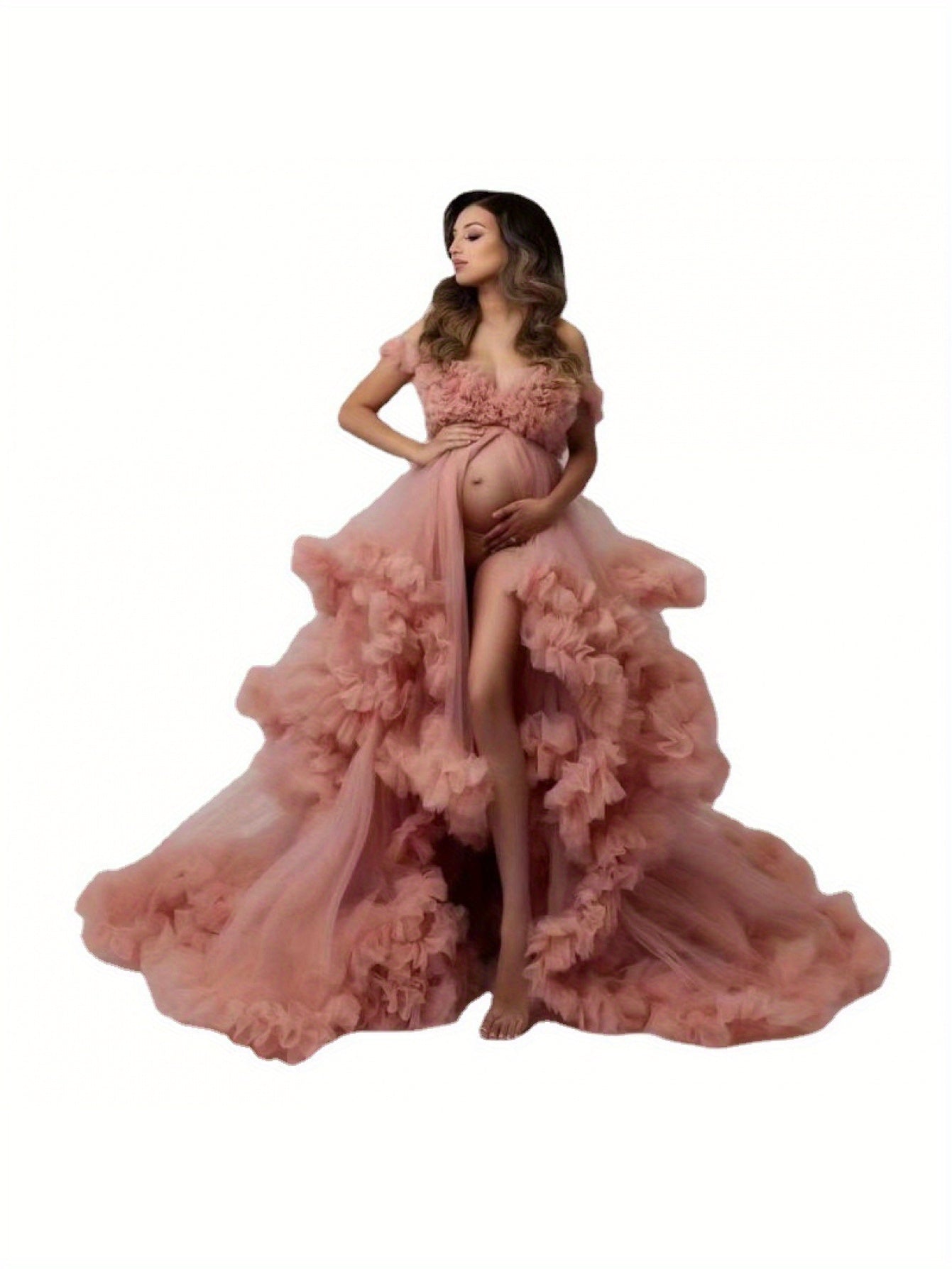 Maternity Ruffled Tulle Maxi Dress With V Neck Flowy Skirt