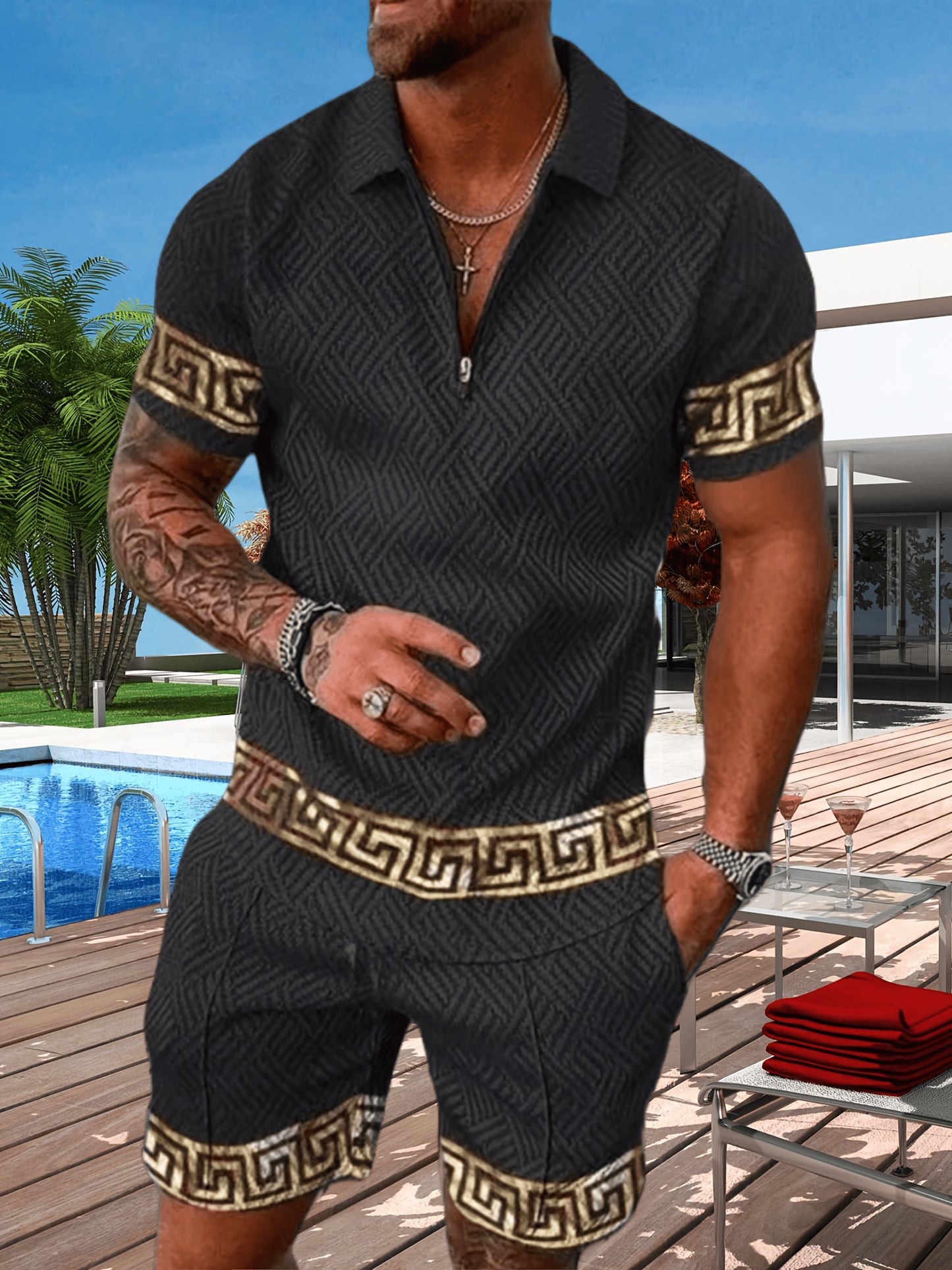 Geometric Pattern Men Two Piece Set For Daily Casual Wear