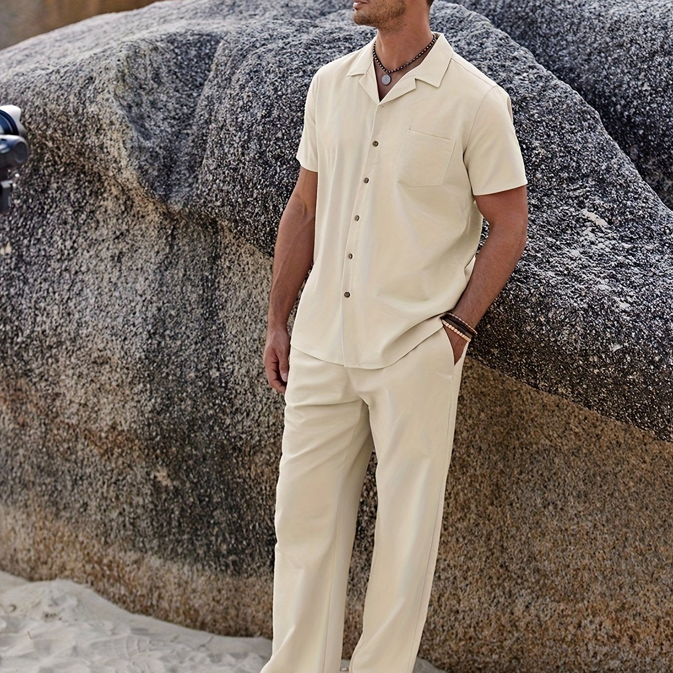 Men Linen Beach Button Shirt And Linen Pants Set Casual 2pc