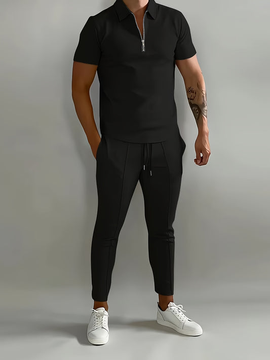 Men's Casual Polo Set With Zipper Polo And Pocket Pants