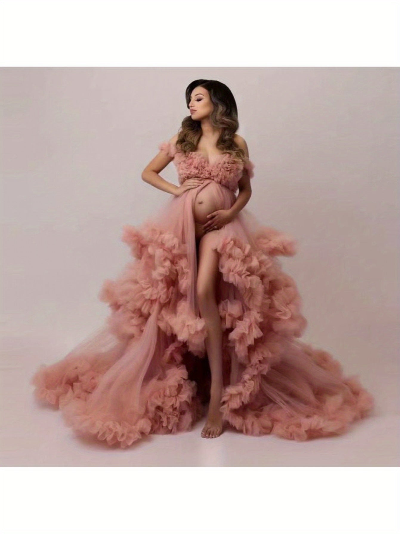 Maternity Ruffled Tulle Maxi Dress With V Neck Flowy Skirt