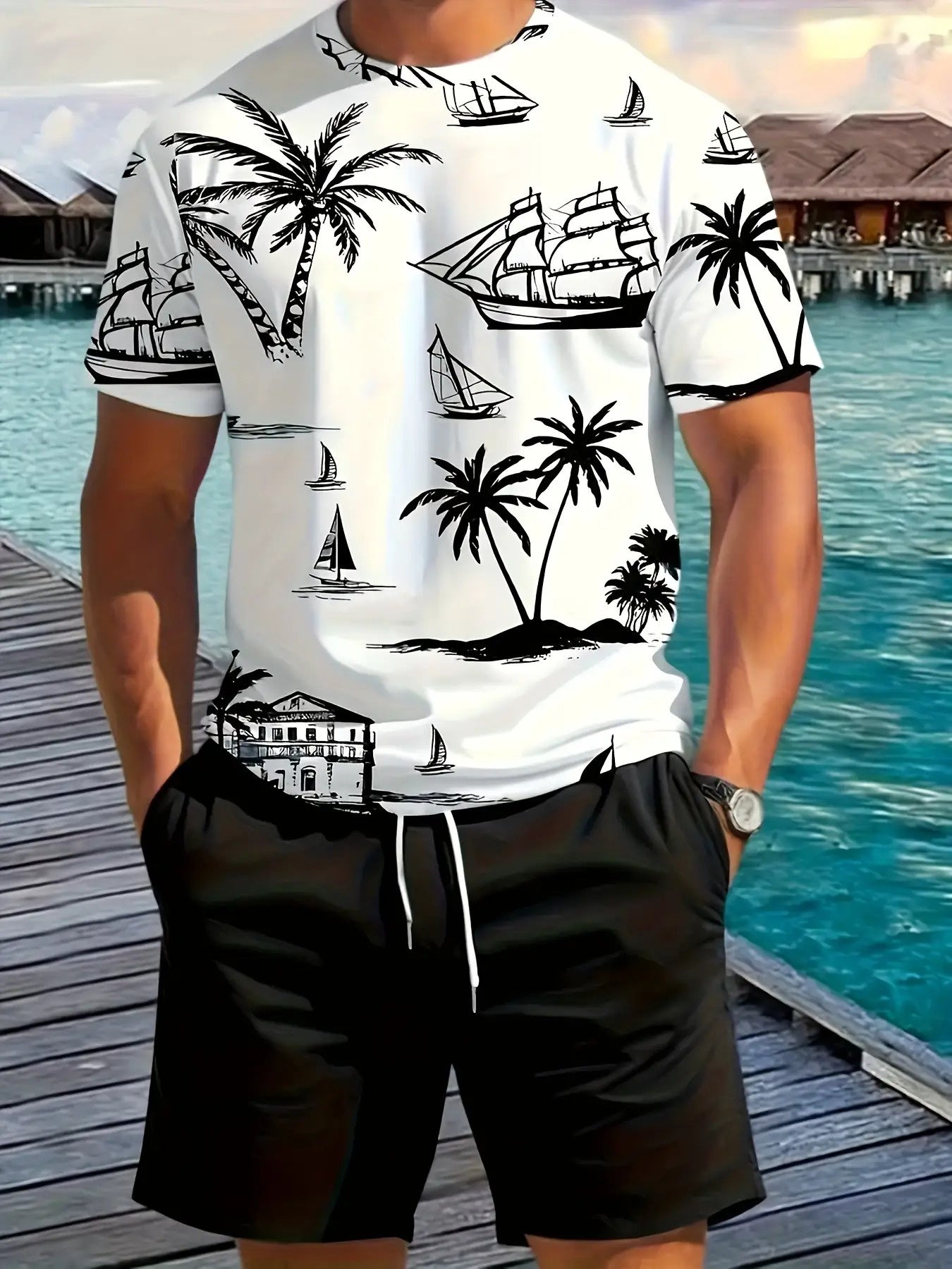 Mens Tropical Palm Nautical Print Tee And Shorts Set