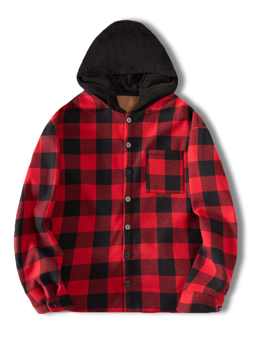 Men's Cotton Plaid Shirt Jacket With Fleece Lined Hood