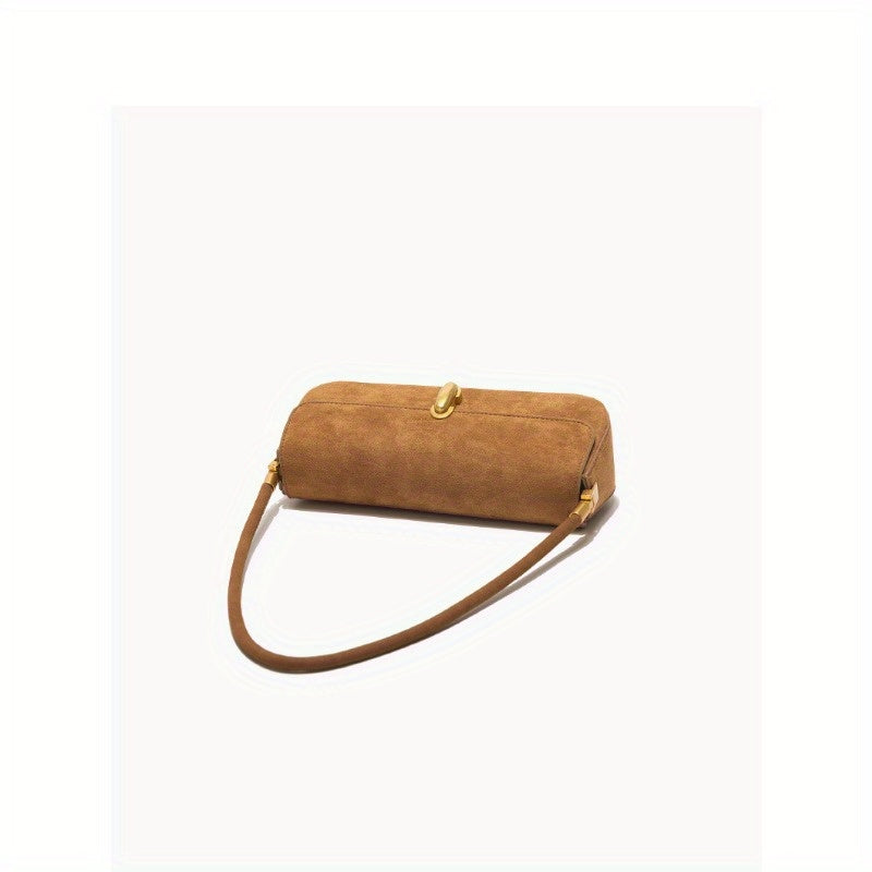 Suede Shoulder Bag Women Chic Baguette Design Lock Closure